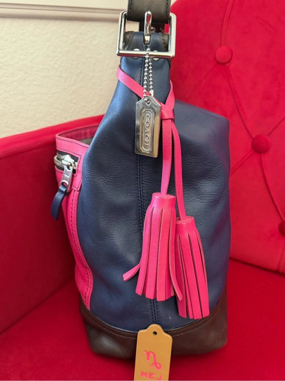 Coach Colorblock Leather Hobo in Hot Pink, Navy & Brown
